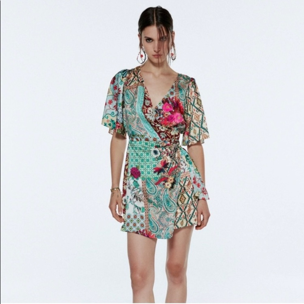 Zara Patchwork Wrap Satin Effect Dress NWOT
